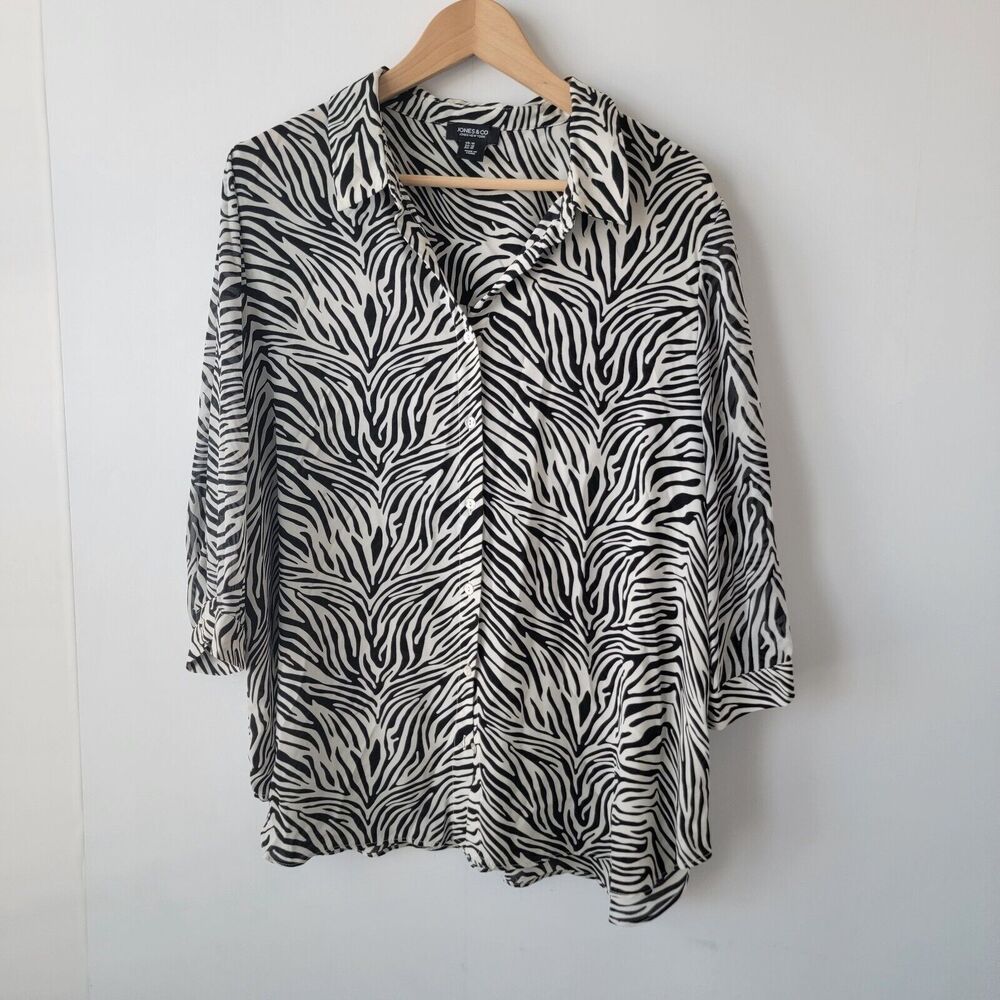 jones & co‎ york womens zebra print shirt size 1X button up 3/4 sleeve
